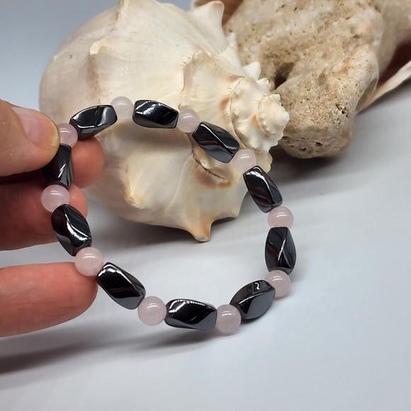 Rose Quartz Genuine Stones/Natural Hematite Bracelet - Picture 2 of 5
